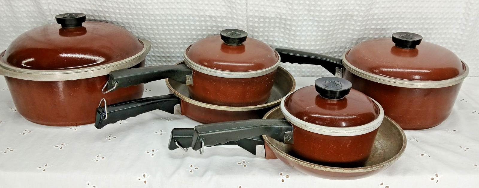 VINTAGE CLUB PANS COOKWARE SET  10 PIECE ALUMINUM BROWN COOKWARE W/LIDS MCM NICE