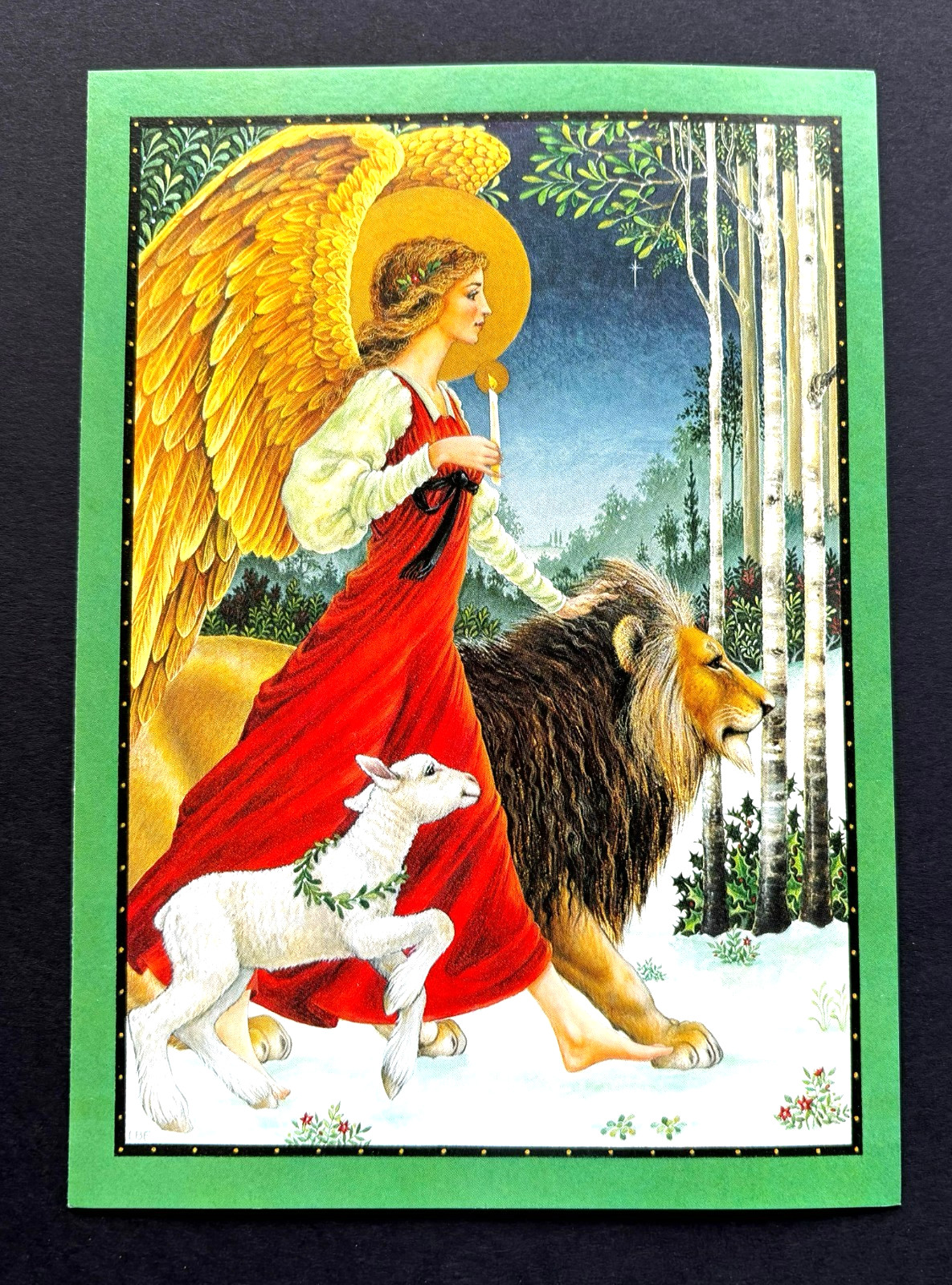 ONE Unused Vintage Sunrise Lynn Bywaters Christmas Card Angel Lion & Lamb