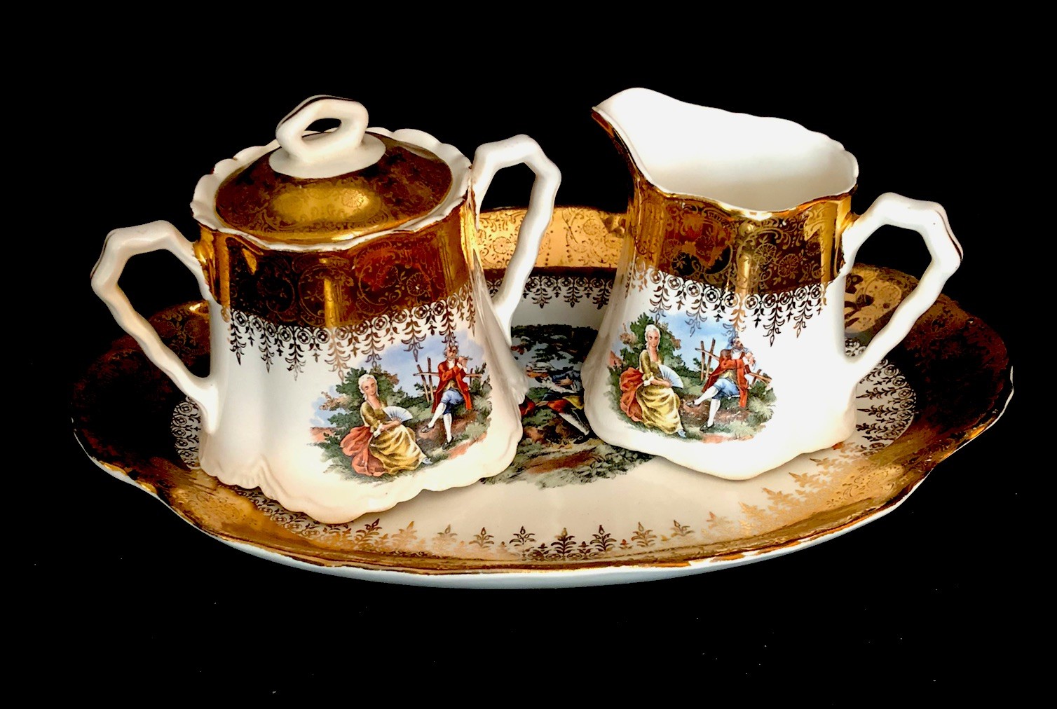 Vintage Imperial China Sugar, Creamer And Tray China With 22 Kt. Gold Vintage Imperial China Sugar, Creamer And Tray China With 22 Kt. Gold