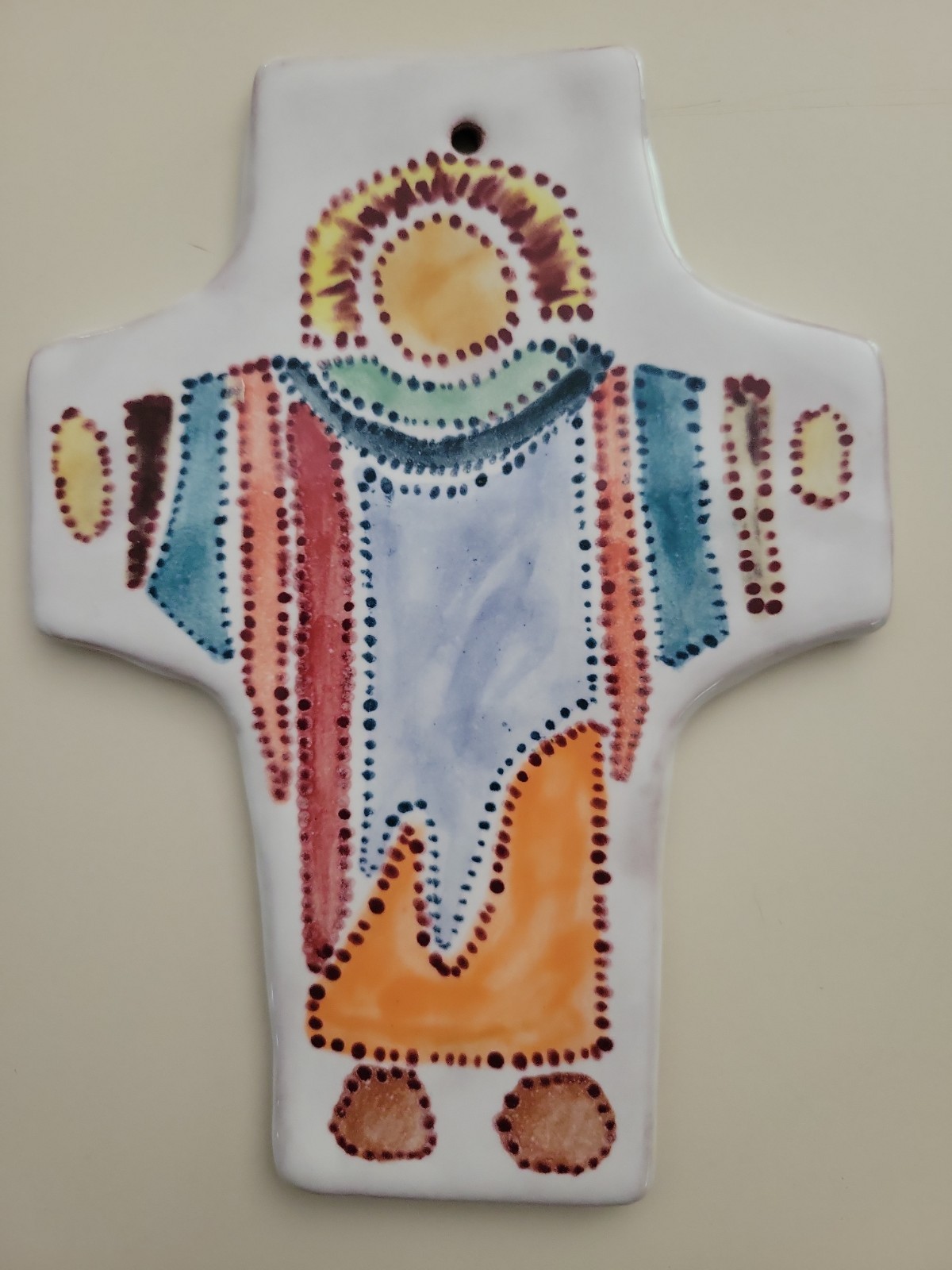 Vintage Mexican Mexico Pottery Cross Wall Art Religious Hand Painted 7”-signed