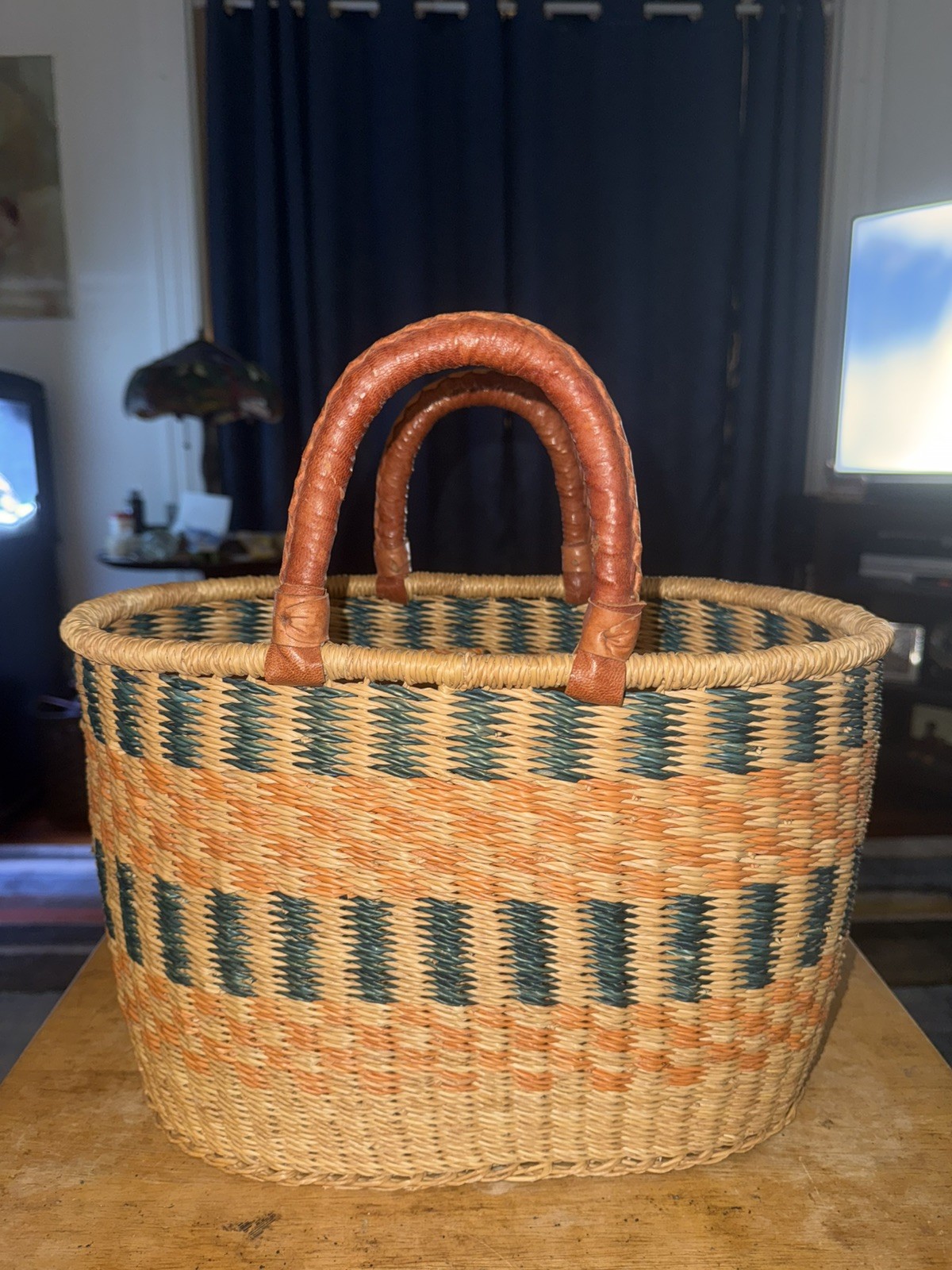 Large Handwoven African Bolga Market Basket Leather Handle green Pattern Tote
