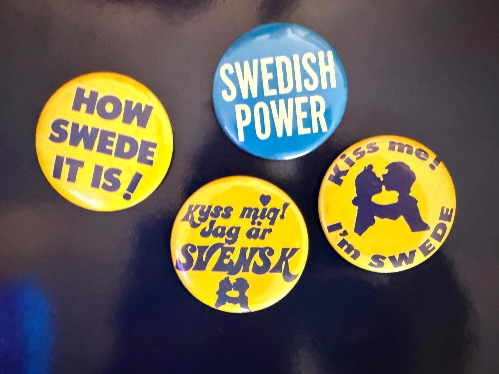 FOUR Vintage 1980s Swedish Novelty Pinback Buttons Pins