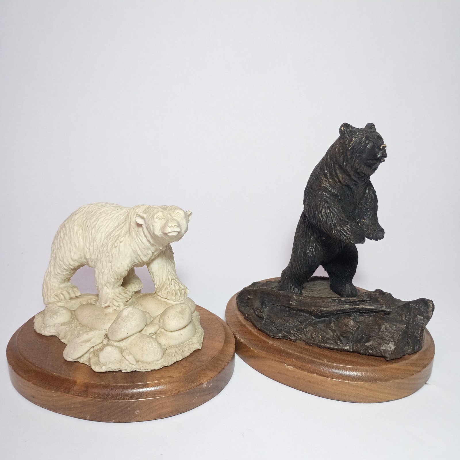 Dale Hanson Bear Sculpture Set Sitka Alaska Polar & Grizzly Bear Wood Bases Vtg