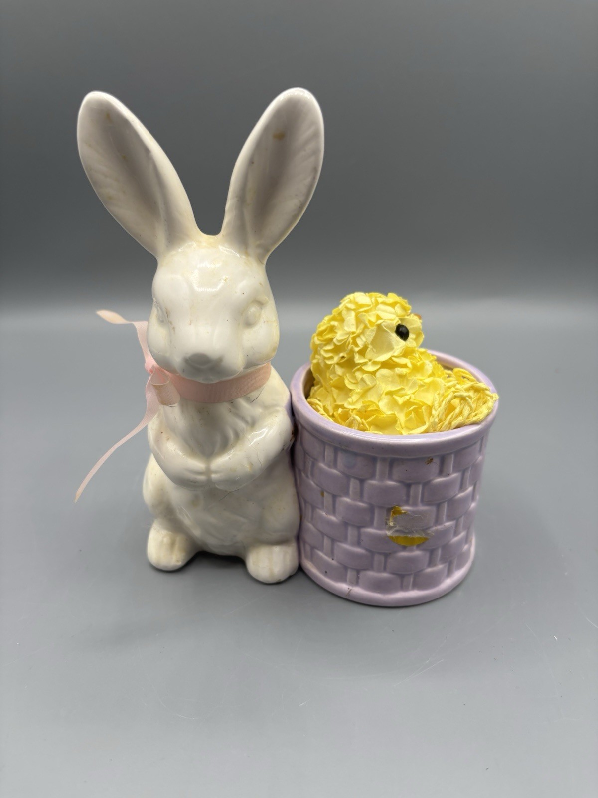 Ceramic Easter Bunny with Basket Chick Made in Taiwn Spring Decor 7\ Ceramic Easter Bunny with Basket Chick Made in Taiwn Spring Decor 7\