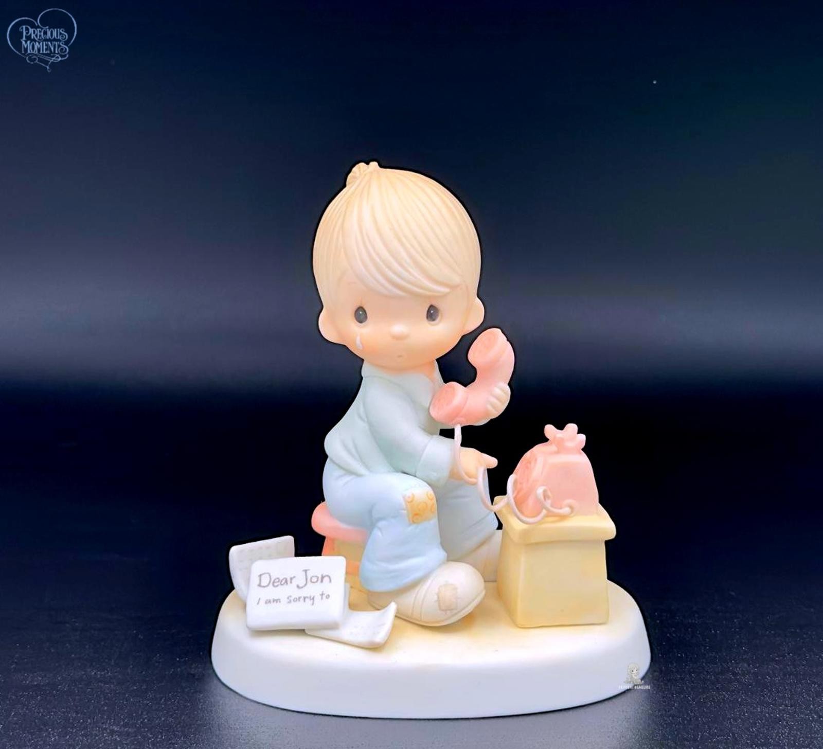 Precious Moments Vintage Boy Figurine on Phone with Apology Note