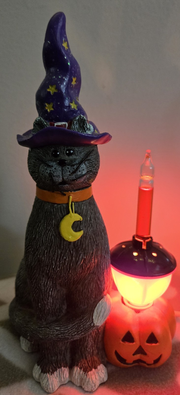 Vintage JC Penny Lighted Resin Black Cat With Pumpkin Statue Halloween Decor 👀