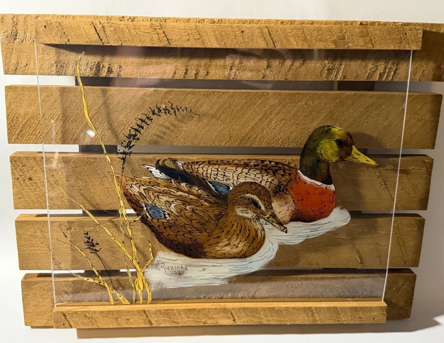 Vintage 1987 Hand Painted Acrylic Mallard Duck Wall Art Signed L Ruzicka
