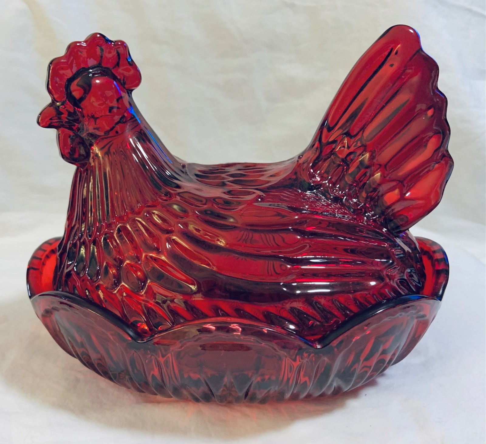 NEW Ruby Red Glass Hen Chicken Nest 7” W x 8.5” L x 7” H  Candy Display Dish
