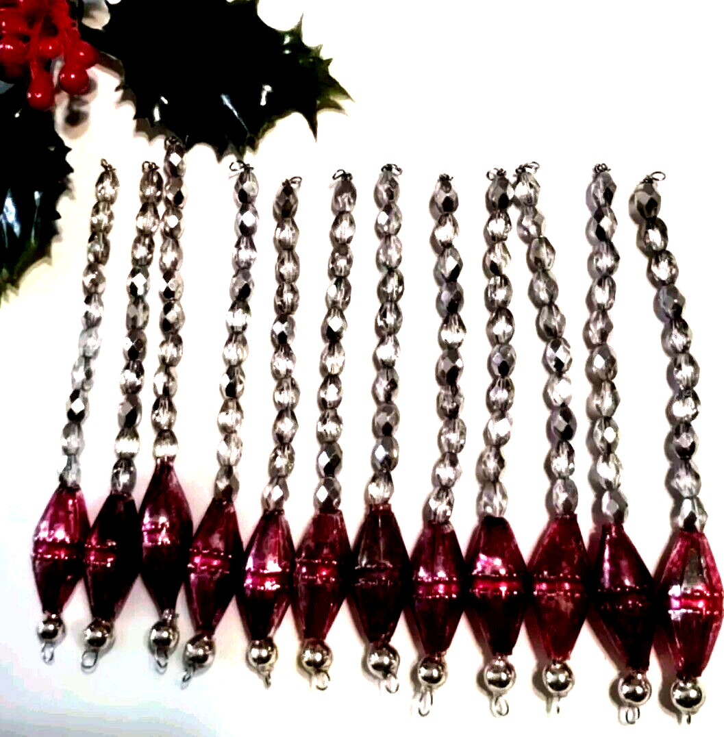 Vtg Christmas Ornament 12 Facet Bead Icicles Czech Mercury Glass Drops 4\