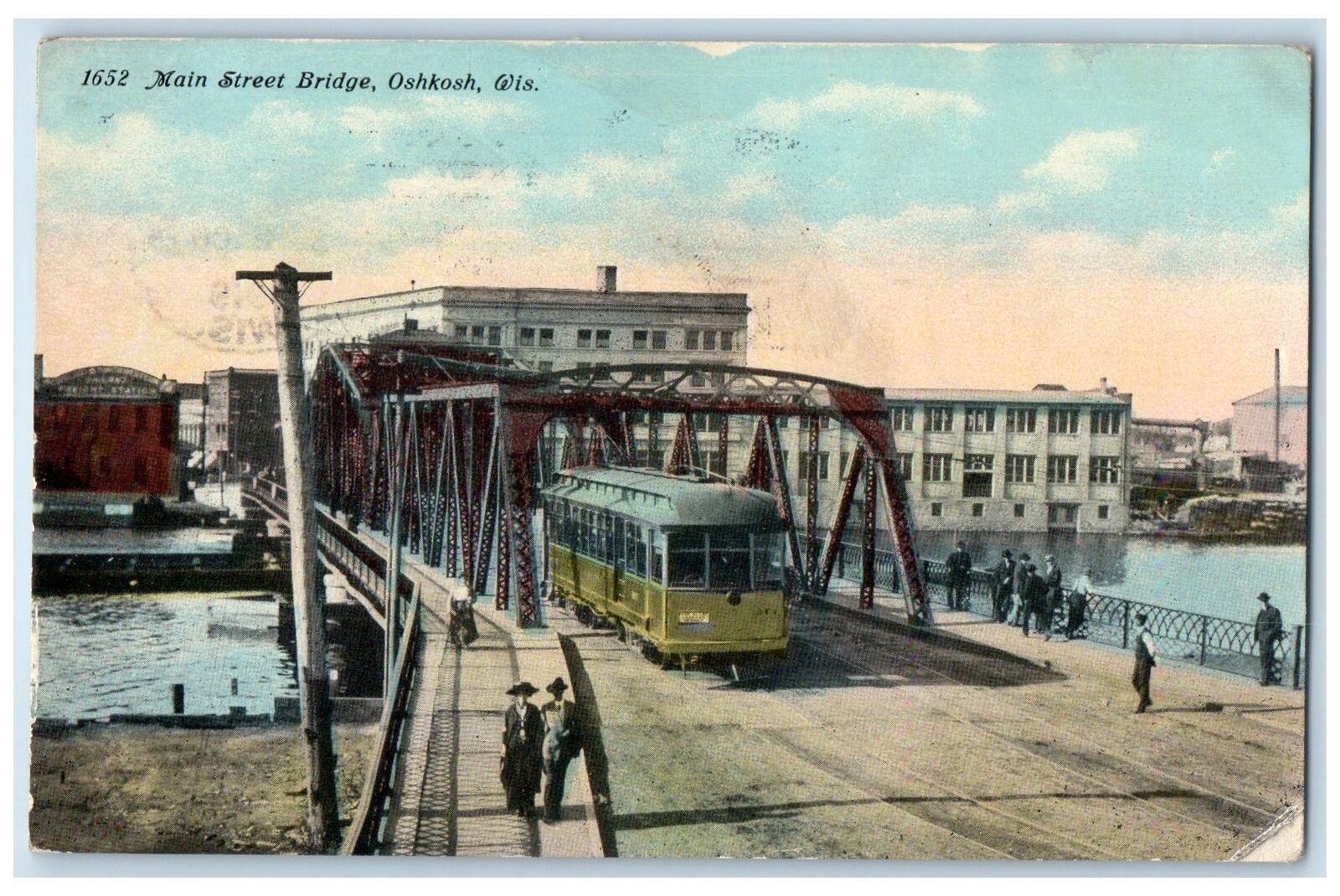 1913 Main Street Truss Bridge River Trolley People Oshkosh Wisconsin WI Postcard