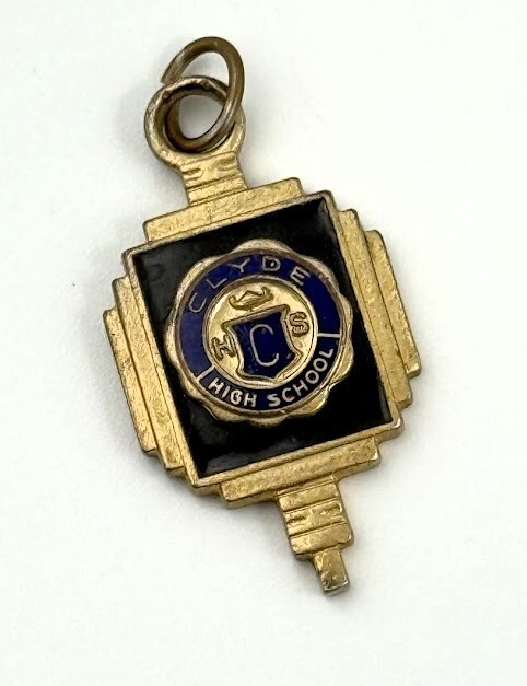 Vtg Clyde High School Charm Pendant Blue Enamel Gold Tone Deco Style Key Fob