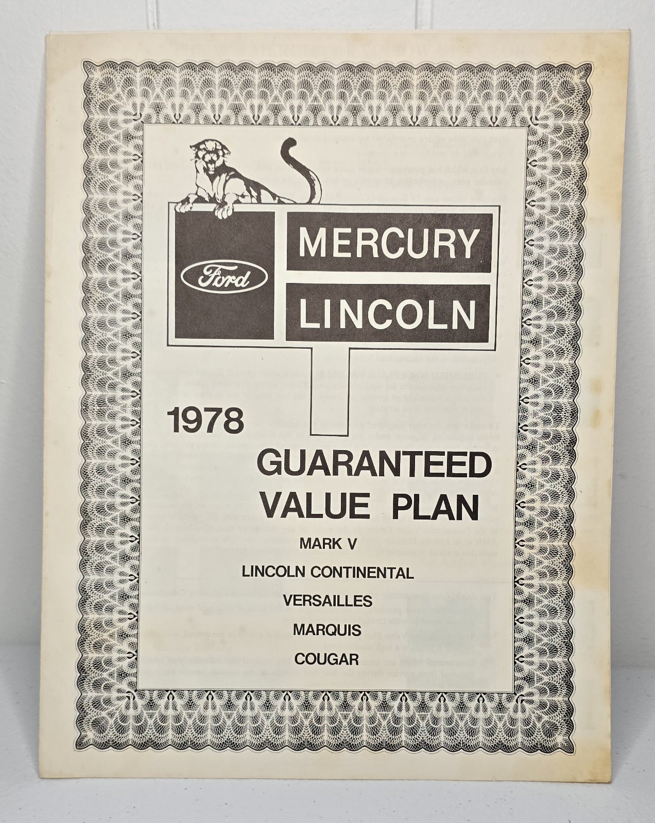 1978 Lincoln Mercury Guaranteed Value Plan Dealer Marquis Mark V Cougar Original