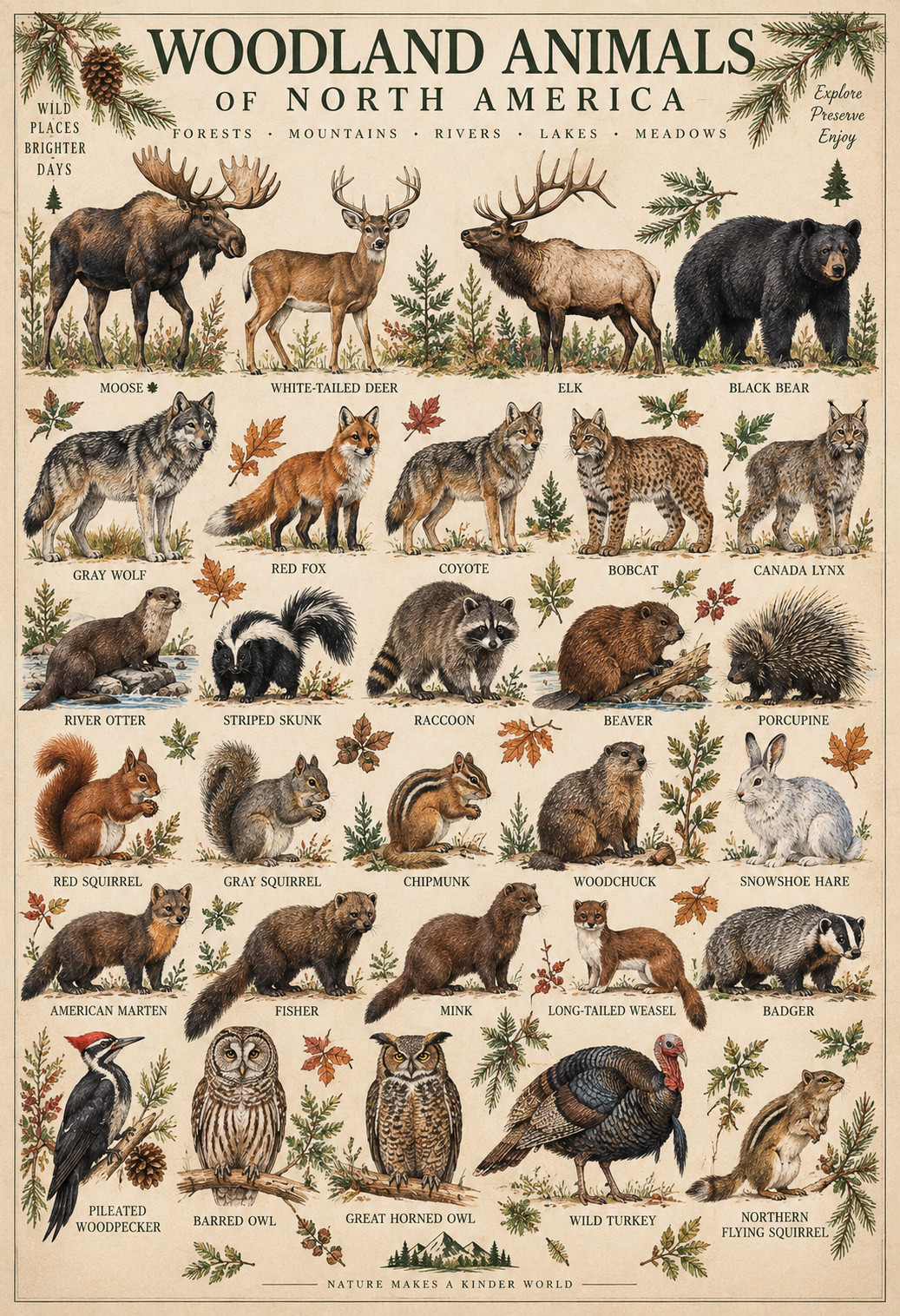 Woodland Animals of North America Vintage Wildlife Identification Poster 13x19 Woodland Animals of North America Vintage Wildlife Identification Poster 13x19