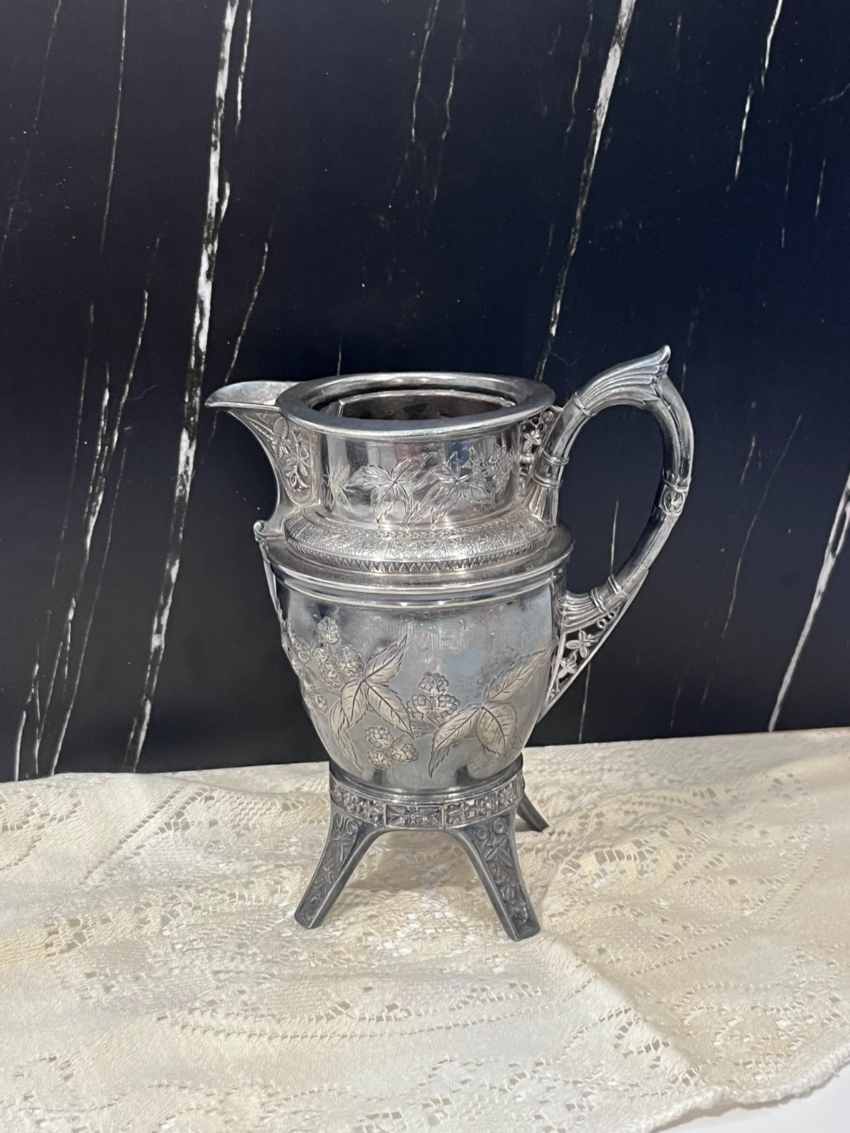Vintage Ornate Silverplate Pitcher, Floral Engraved Ewer with Decorative Handle Vintage Ornate Silverplate Pitcher, Floral Engraved Ewer with Decorative Handle