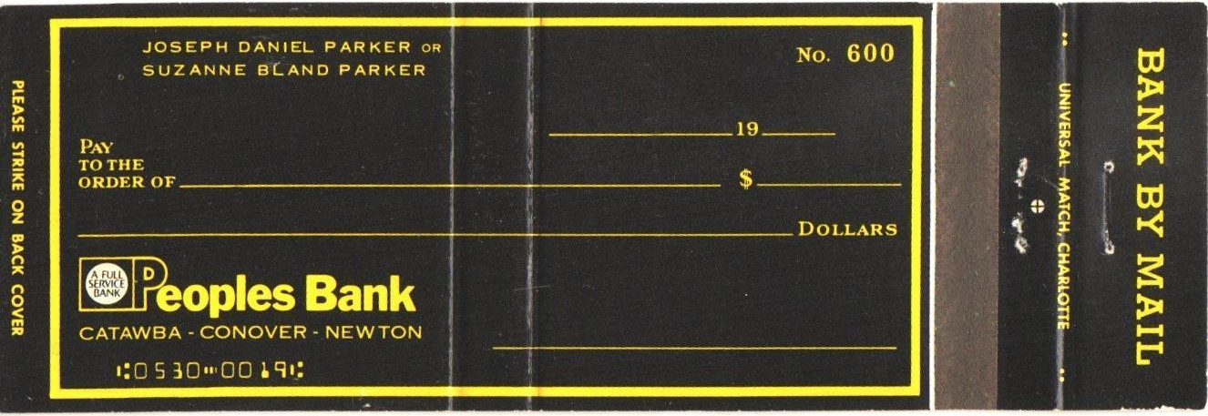 Peoples Bank Catawba Conover Newton NC Vintage Matchbook Cover Early 1970s