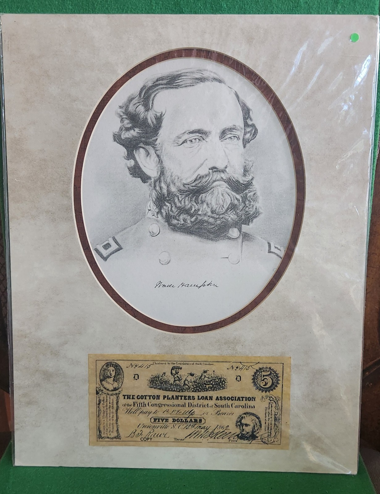 Vintage matted ready to frame oval portrait sketch/print of Wade Hampton III, 
