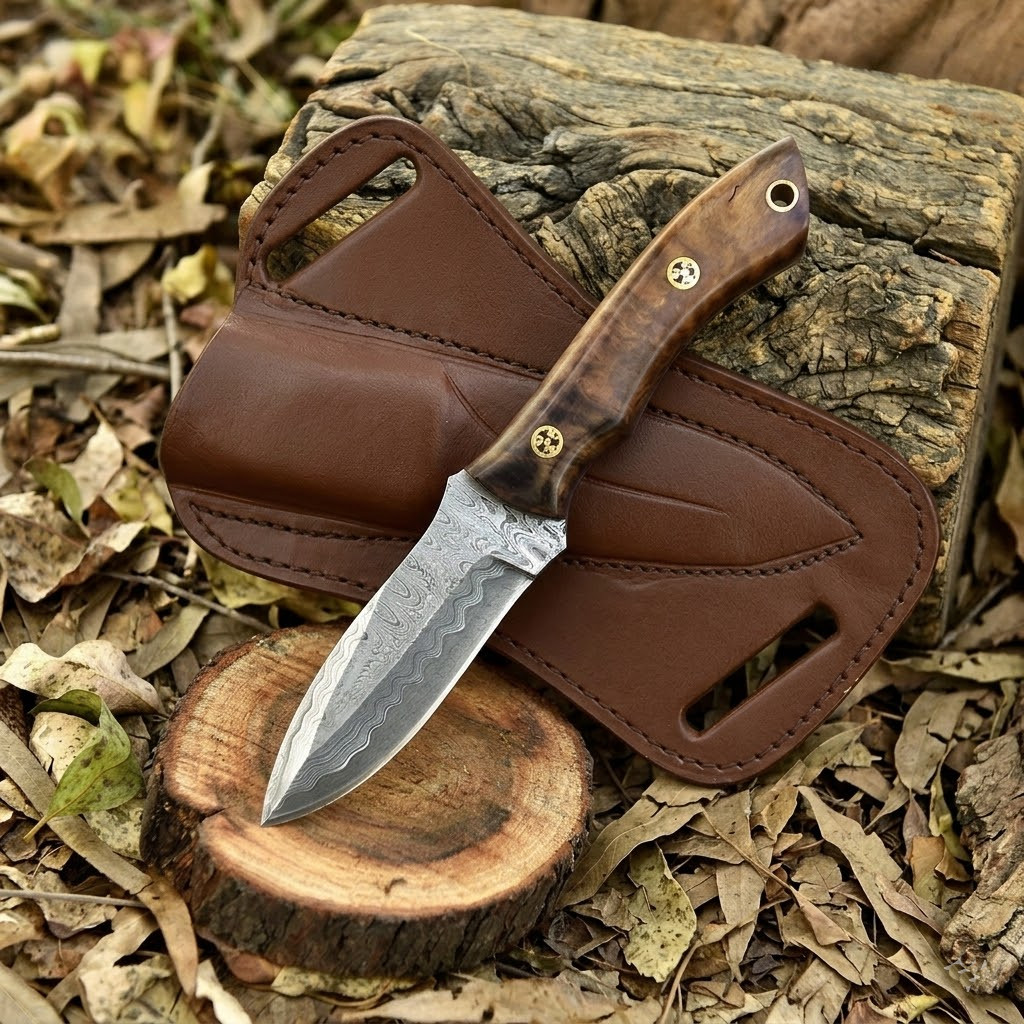 REAL DAMASCUS Hunting Knife – Walnut Wood Handle – Full Tang EDC & Camping Knife