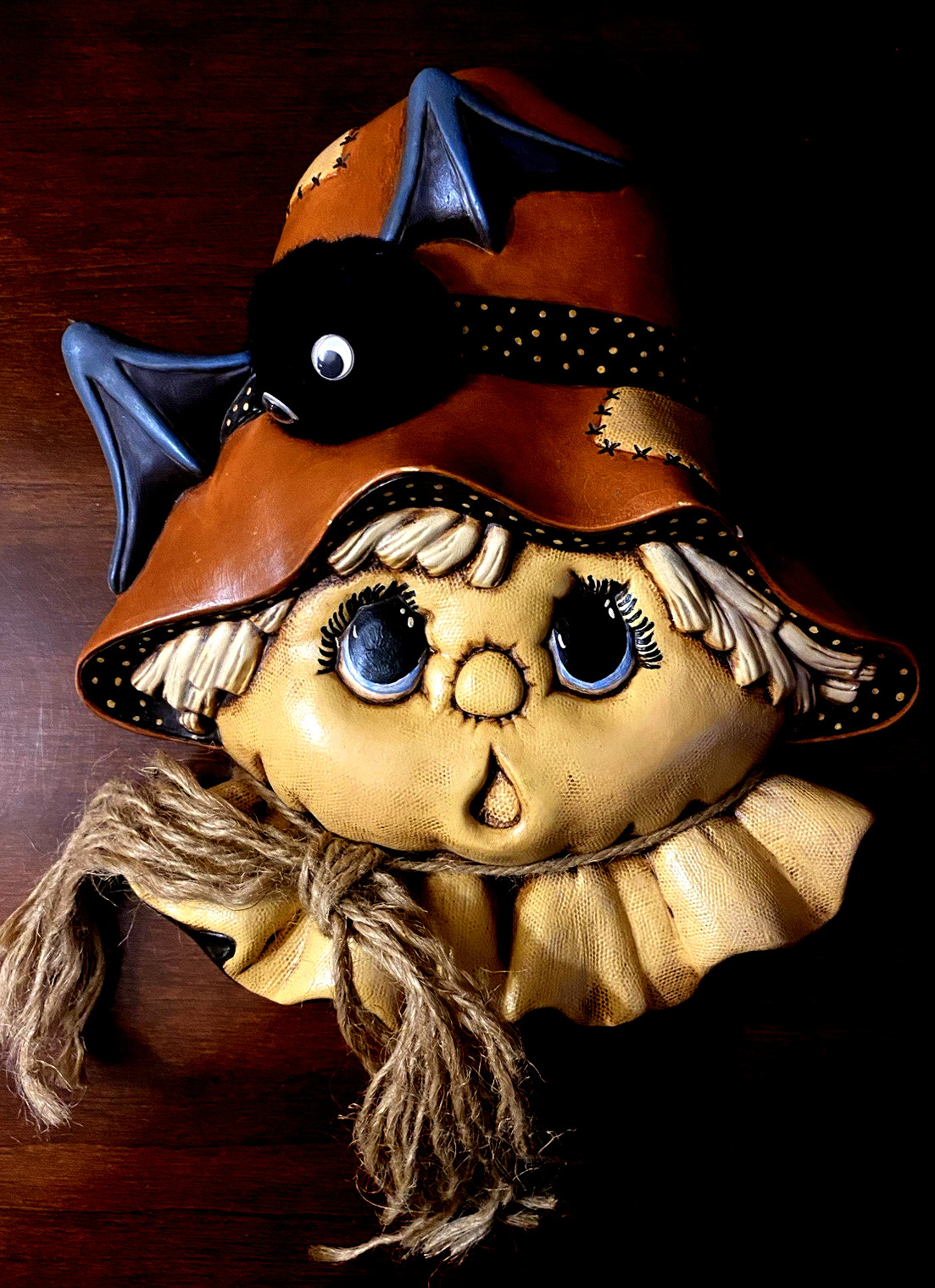 Vintage Ceramic Hand Painted Halloween Fall Scarecrow Head Face and Pom Pon Bat Vintage Ceramic Hand Painted Halloween Fall Scarecrow Head Face and Pom Pon Bat