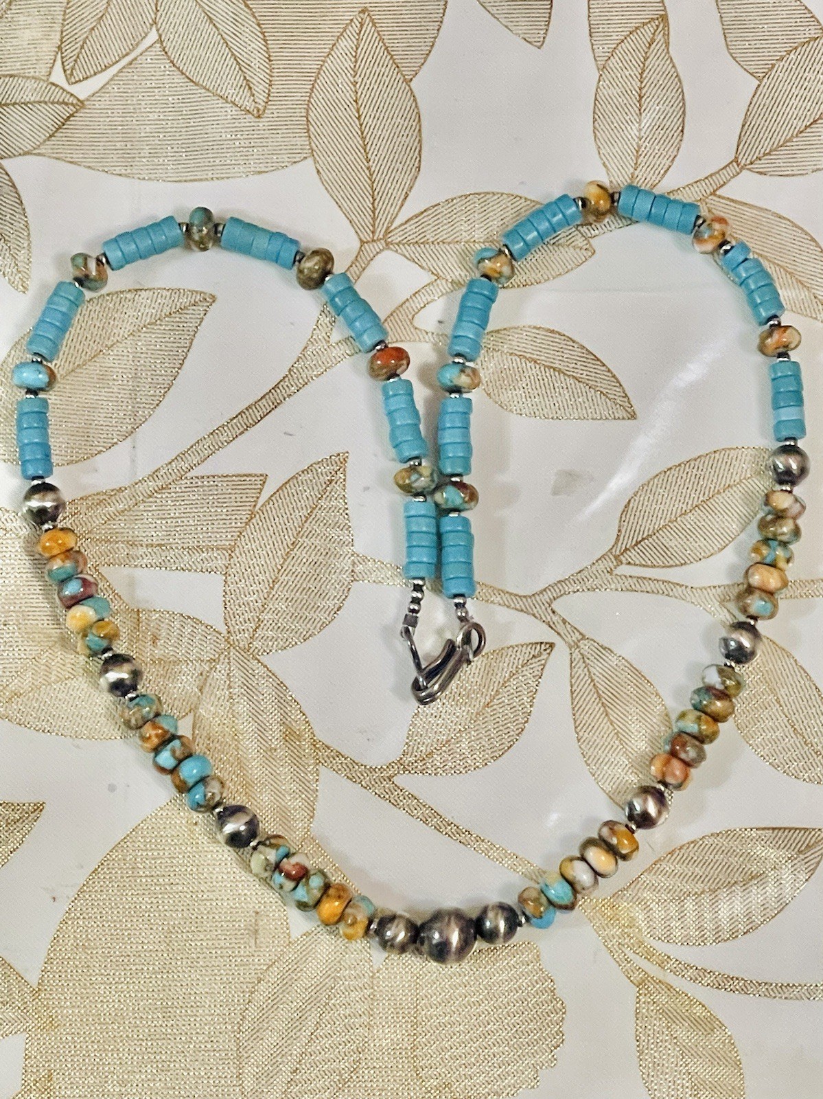 VTG Native American Sterling Spiny Oyster Turquoise Pearl Beads Necklace 16.5”