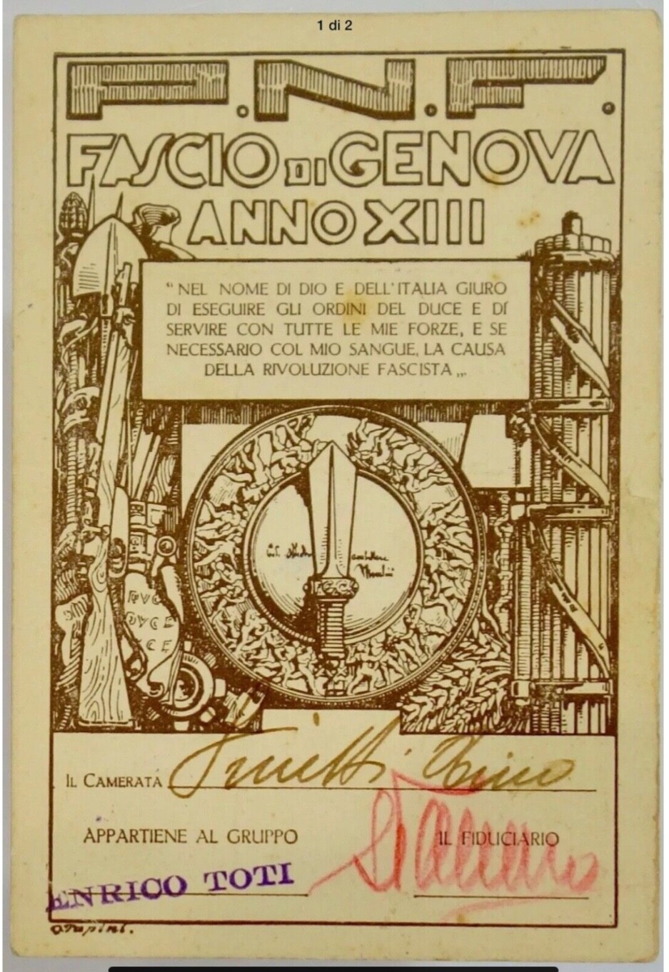REGNO D’ITALIA GENOVA GRUPPO RIONALE ENRICO TOTI TESSERA DI PARTITO A.XIII° 1935