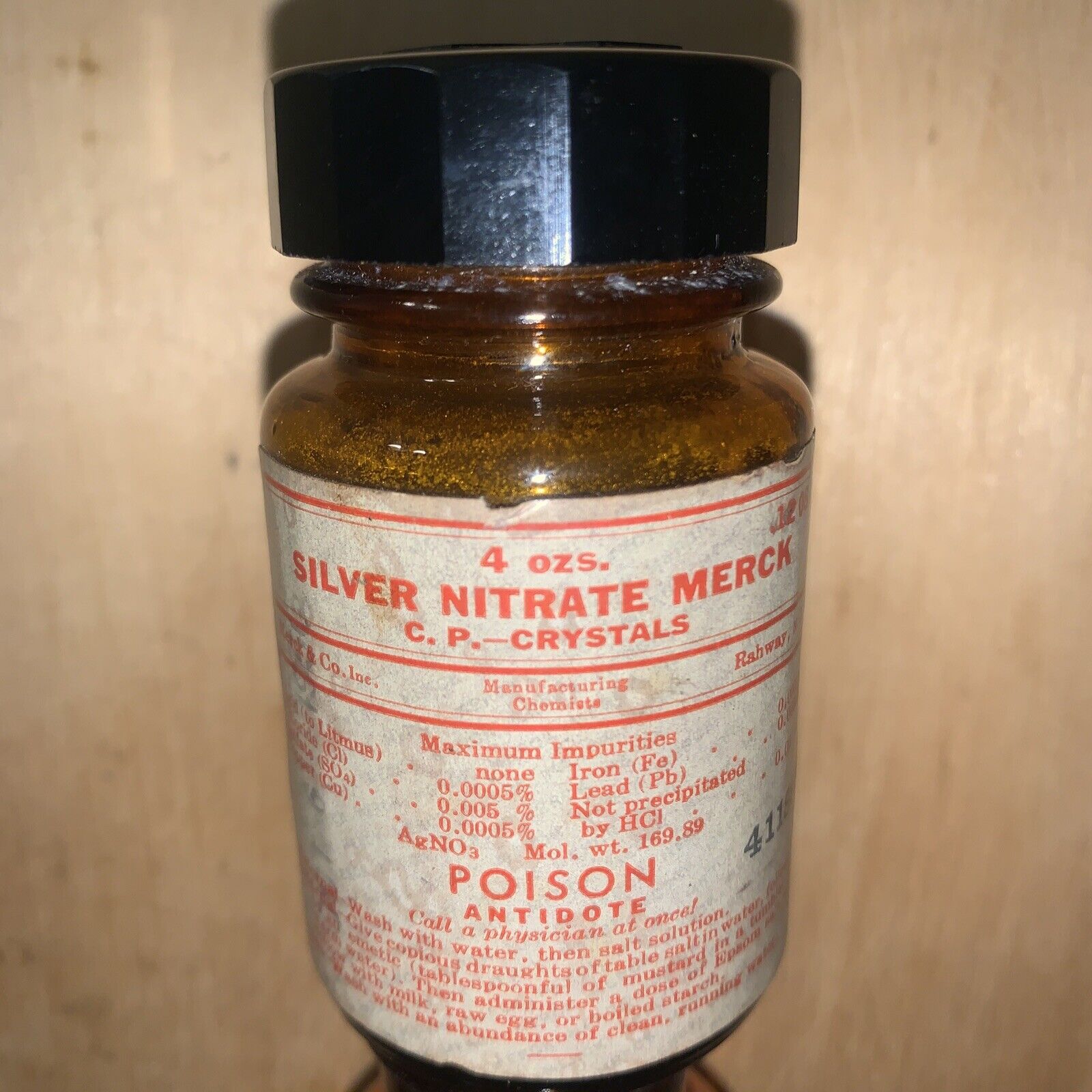 Rare- Paper Label Merck Poison Antidote Bottle Silver Nitrate Empty 4oz Amber