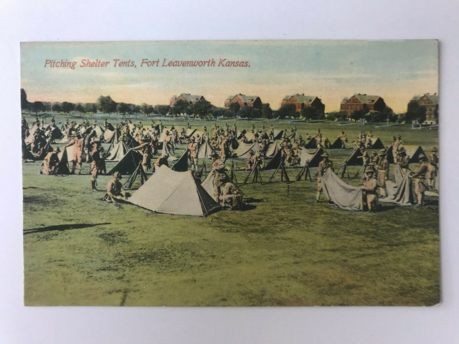 Postcard KS Fort Leavenworth WWI Soldiers Pitching Tents Barracks Army Base