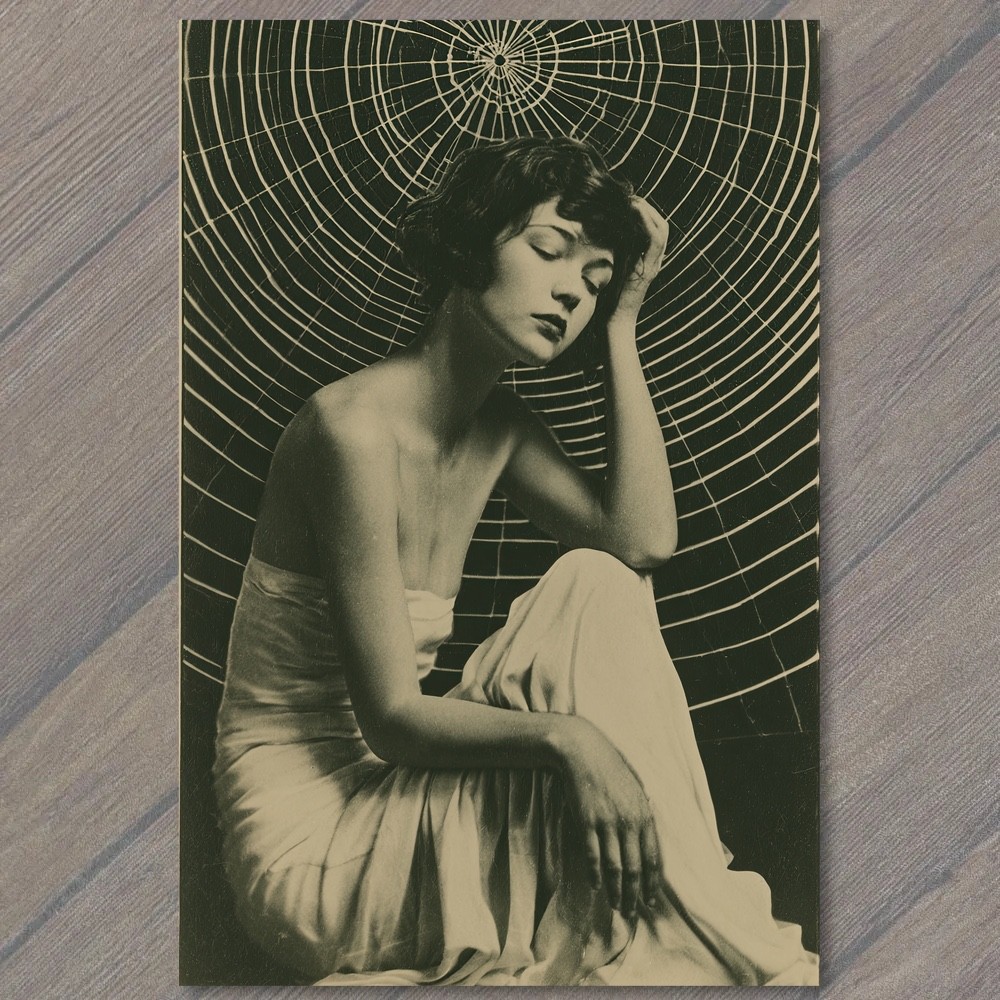POSTCARD Flapper Woman Spider Web Surreal Black White Glamour Satin Dress 1920s