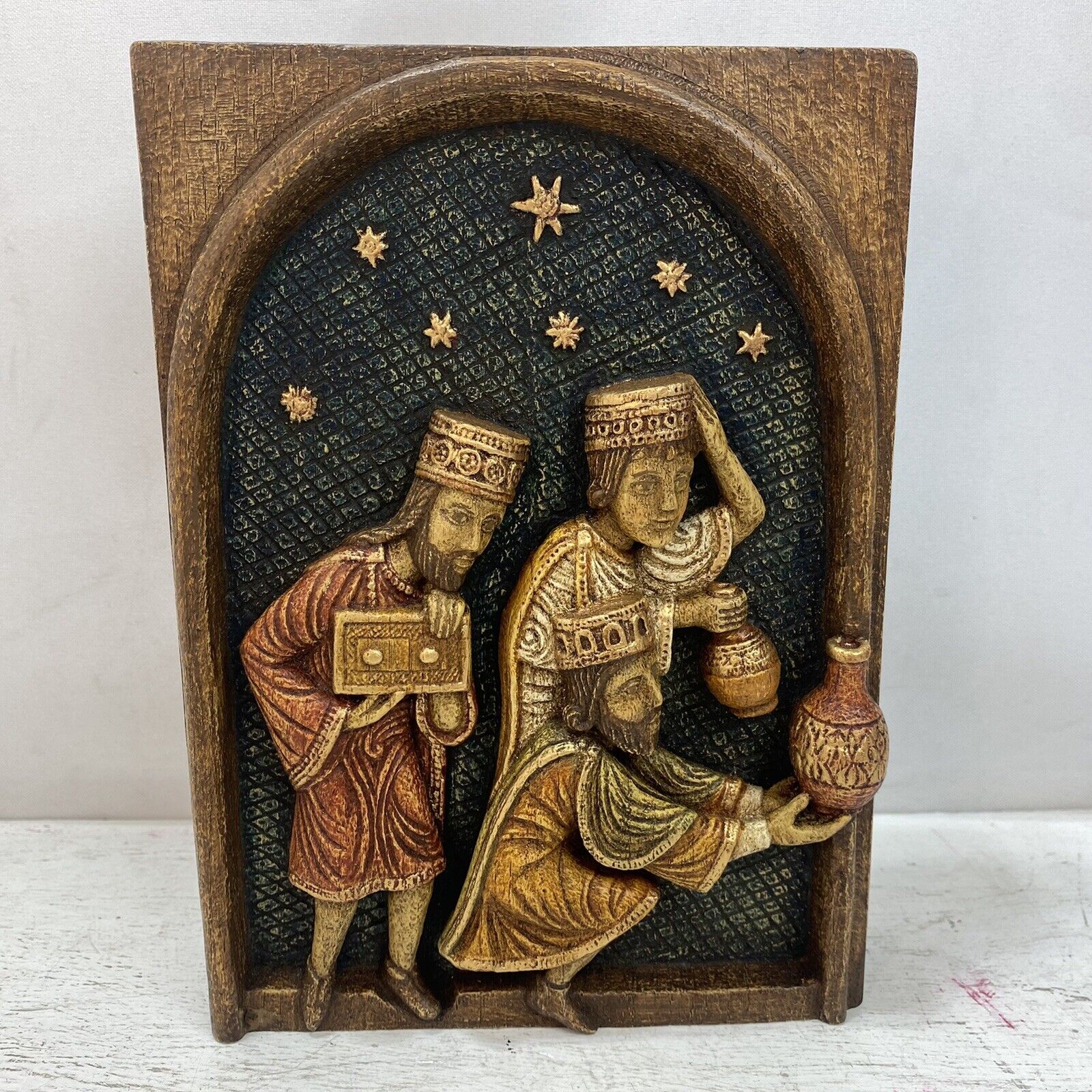 Holyart Three Wise men Bas-relief Autun nativity painted wood, Made in France