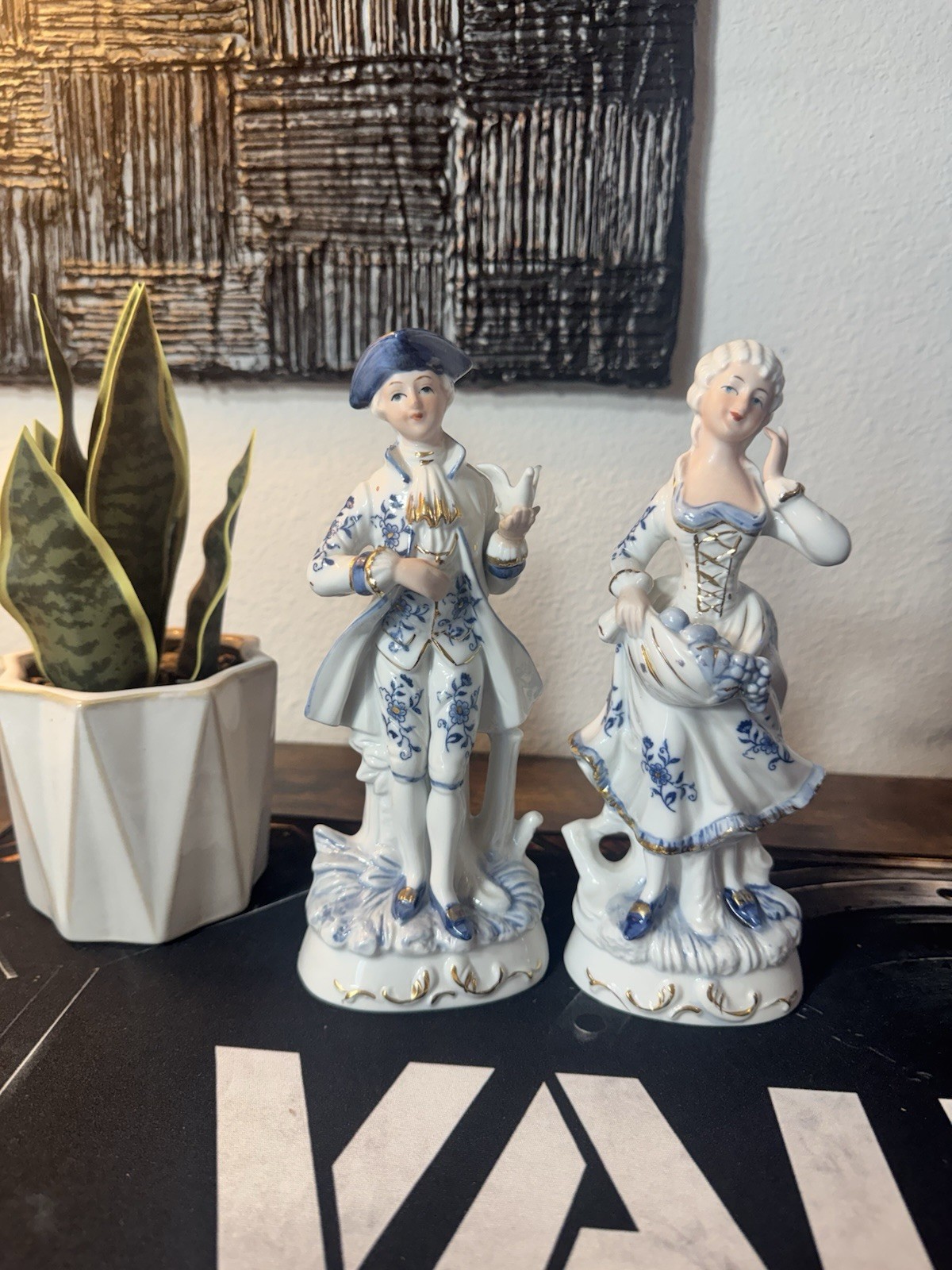 Vintage Norleans Japan Victorian Couple Figurines Blue White Gold Porcelain Pair