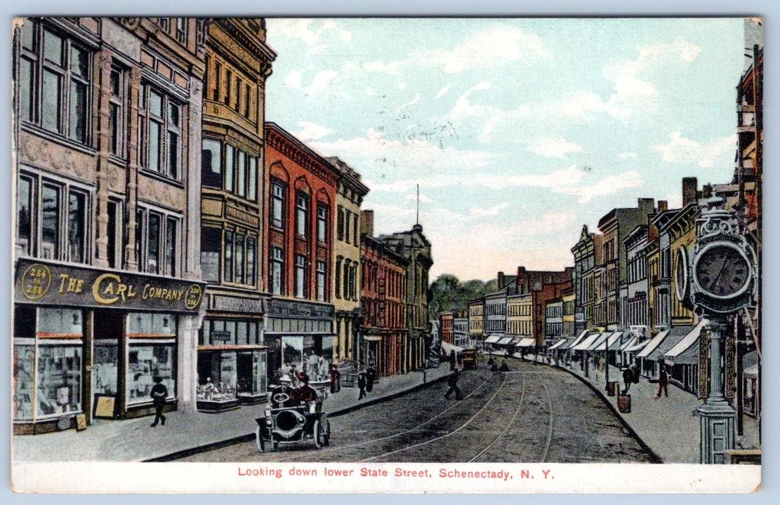1908 STATE STREET THE CARL CO STORE TROLLEY TRACKS CARS SCHENECTADY NY POSTCARD