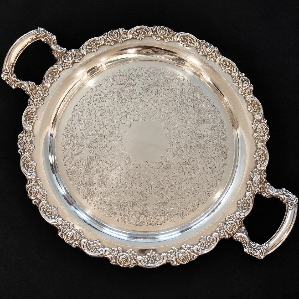 VTG Oneida Silverplate Serving Tray Ornate Rose Floral Border Engraved 15x20