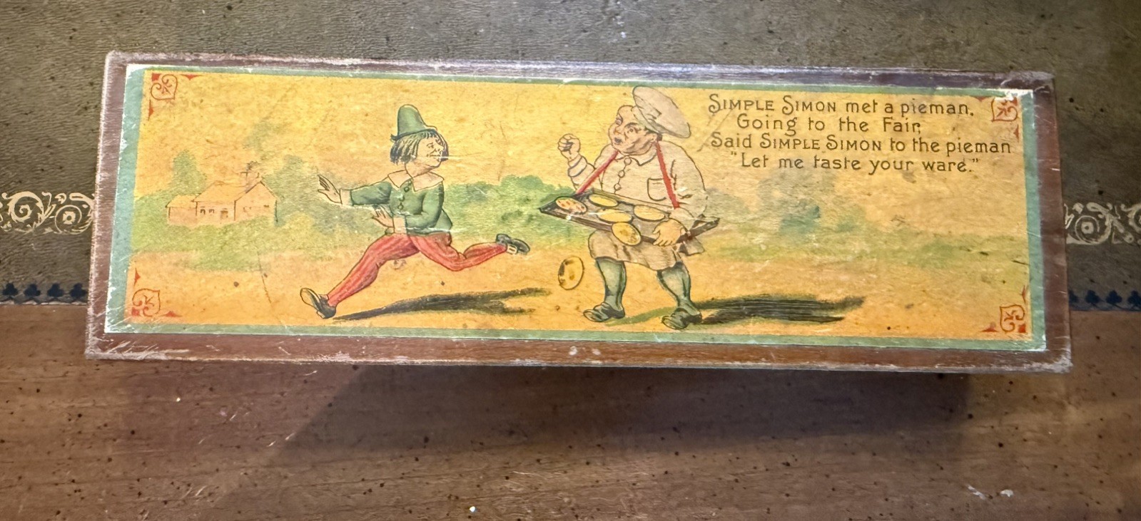 Antique 1900\'s WOODEN PENCIL BOX  Simple Simon Nursery Rhyme  8\