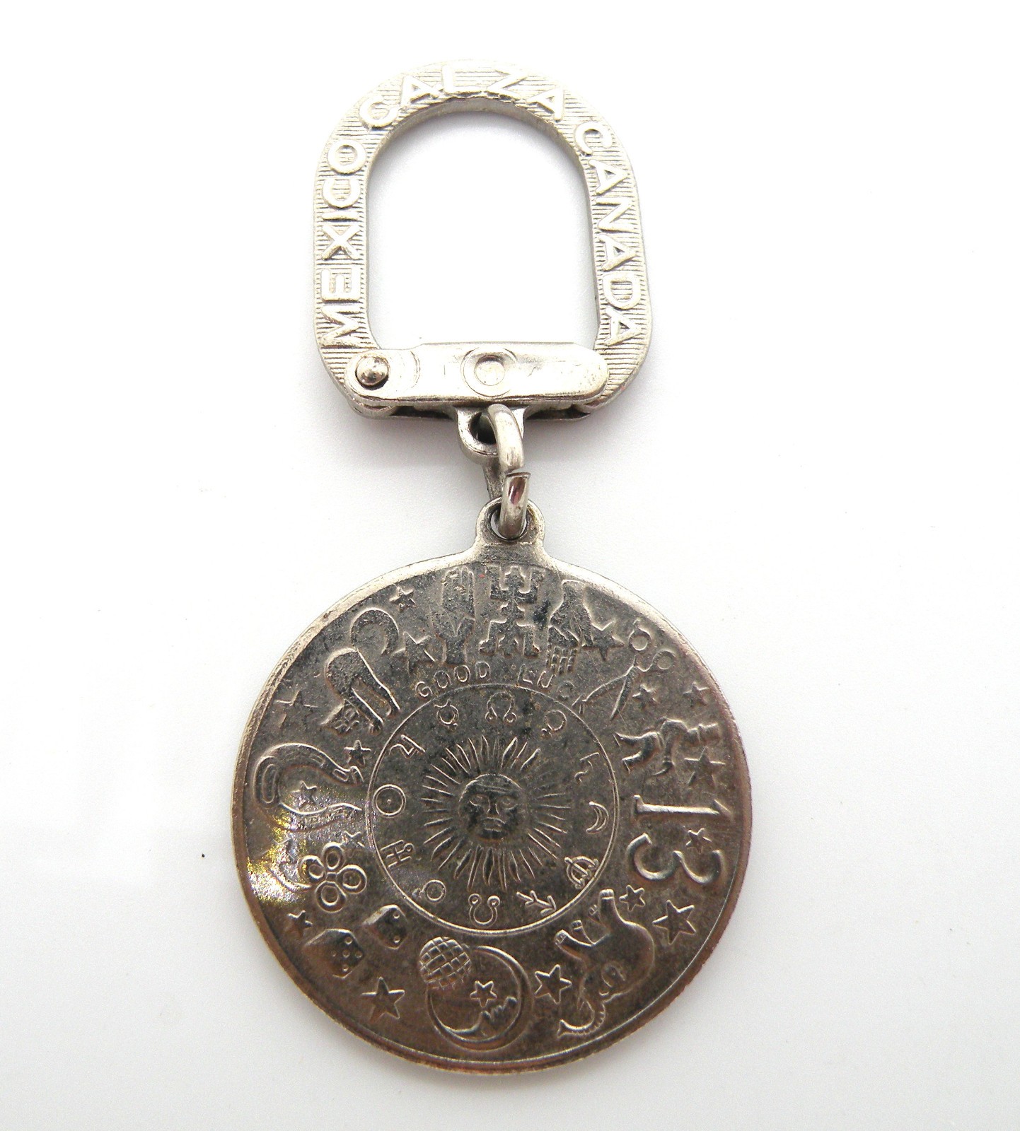 Rare Vintage Mexico Calza Canada Good Luck Silver Tone Horoscope Zodiac Keychain