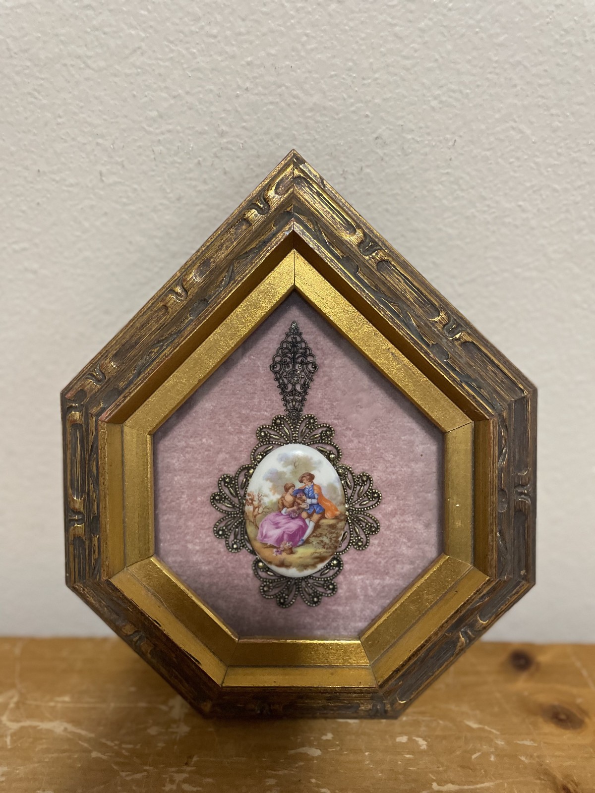 Vintage Limoges Porcelain Cameo Courting Couple Plaque Framed Wall Art