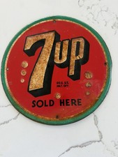 Vintage 7UP Sold Here Soda Advertising Sign 11 3/4” Embossed Metal picture
