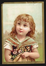 Victorian NEW YEAR Greeting Card - Hildesheimer & Co. - young girl with flowers picture