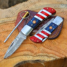 20 Pcs of Handmade Damascus Steel Folding Pocket Knives USA Flag Handle W/Sheath picture