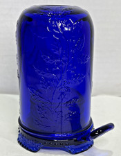 VTG Mosser Cobalt Blue Glass Holly Berry 2 Pc Handled Fairy Lamp Light picture