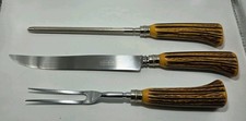 VTG 3pc Englishtown Sheffield Carving Set Stainless Steel Bakelite? Faux Antler picture