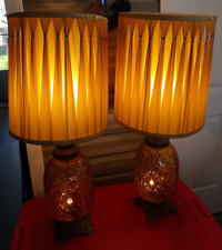 Vintg MCM Pair Mid Century Modern Amber Glass Table Lamp Retro Hollywood Regency picture