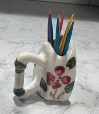 Vintage Miniature Porcelain Iron Shaped Tooth Pick Holder White Floral Design picture