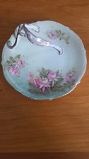 Antique Bavarian Hand Painted Floral BonBon Dish Gold Handle Trinket Candy Dish picture