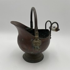 Antique Copper Coal Scuttle Bucket with Handle and Ceramic Side Grip picture
