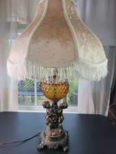 VTG 1960s Antique CHERUB Table LAMP Brass Fringe Shade Large WORKS  picture
