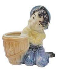Royal Copley Vintage Planter Blue Jeaned Pixie Looking Boy in Hat Barrel Chipped picture