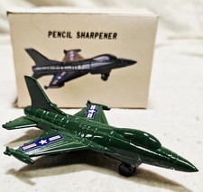 Vintage Die-Cast Fighter Jet Pencil Sharpener Green Military Plane Toy Boxed picture
