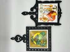 Vintage 70s Fruit Ceramic Tile Trivet Cast Iron Frame Japan FM Retro Kitchen picture