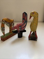 3 Vintage Hand Painted Indian Wooden Folk Art Birds Brimful House & Similar picture