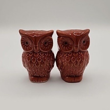 Vintage Owls Salt And Pepper Shakers MCM Brown Glazed Ceramic Owls 3” Unused picture