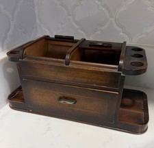 Desk Antique Wooden Tobacco Box & Pipe Holder Sliding Compartments & Drawer - El picture